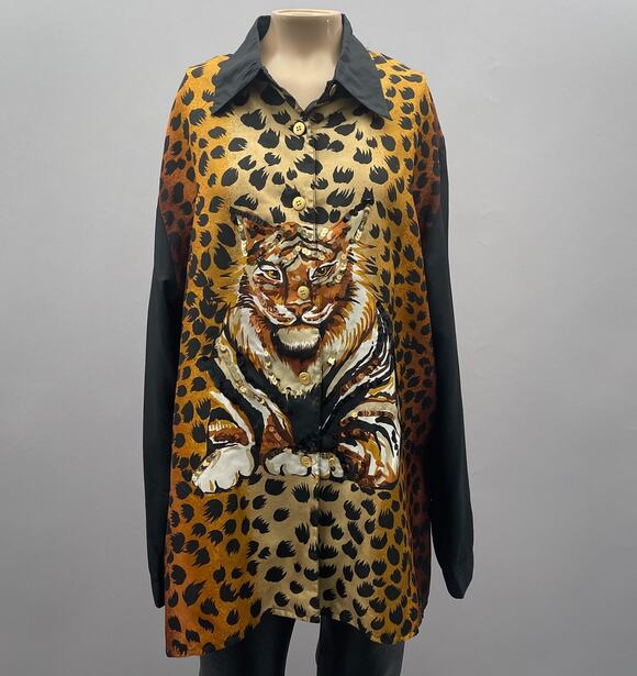 Diane Gilman Tops - Diane Gilman Vtg Top Women L Tiger Print Silk Button Up Blouse Sequin Glam Artsy